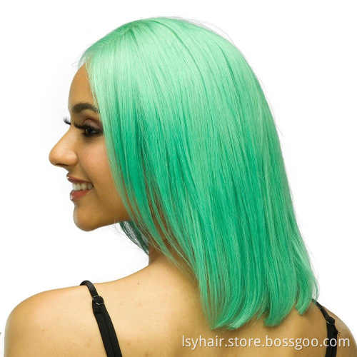 Korean Transparent color Lace Front Green Wig, 8 10 Inch Bob Wigs Sunny Green Human Hair Wigs With Elastic Band
